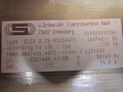 J.Schneider GmbH ELES 2.0B-950504T5 Transformer 1700VA 230/480V Pri 115V Sec