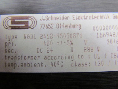 J.Schneider NGDL 2412-950508T1 166942/2 Transformer 480V Pri 24VDC Sec 288W 12A