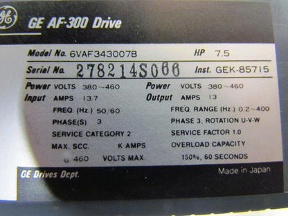 General Electric 6VAF343007B AF-300B 3-Phase AC Drive 7.5Hp 380-460V 13A Output