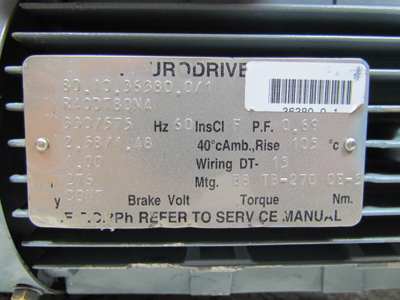 Sew Eurodrive R40 B8 TB-270 CE-3 6.17:1 Ratio R40DT80N4 330/575V 1HP Gearmotor