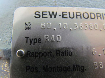 Sew Eurodrive R40 B8 TB-270 CE-3 6.17:1 Ratio R40DT80N4 330/575V 1HP Gearmotor