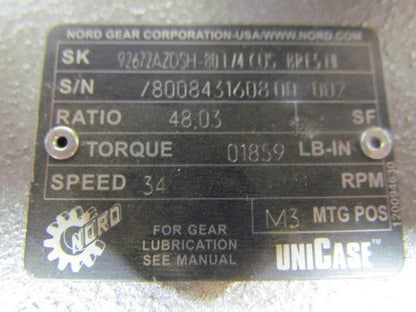 Nord SK92672AZDSH Right Angle Shaft Mount 1Hp Gearbox Speed Reduser Bevel 48.3:1