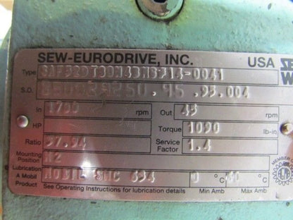 Sew-Eurodrive SAF52DT80M4BM#14-0041 Torque 1090Lb-In Ratio 37.94:1 1HP Motor