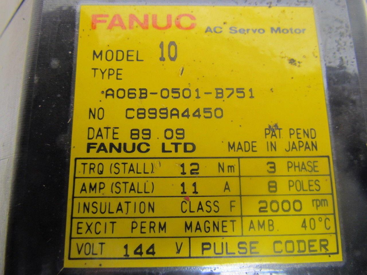 Fanuc A06R-0501-B751 C899A4450 AC Servo Motor 144V 3Ph 8-Pole 2000 RPM Model 10