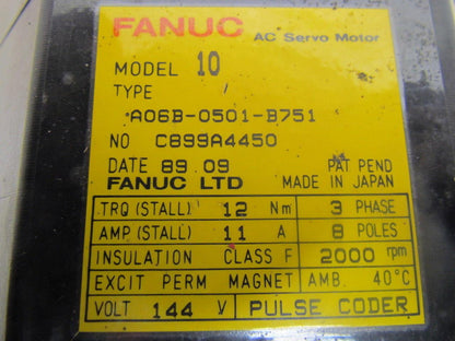 Fanuc A06R-0501-B751 C899A4450 AC Servo Motor 144V 3Ph 8-Pole 2000 RPM Model 10