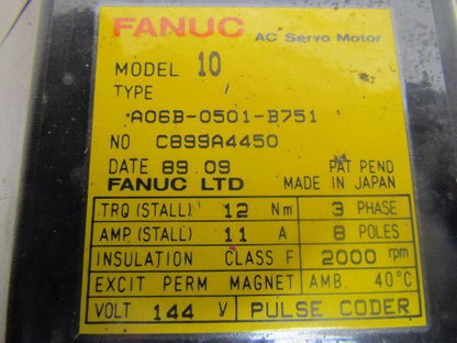Fanuc A06R-0501-B751 C899A4450 AC Servo Motor 144V 3Ph 8-Pole 2000 RPM Model 10