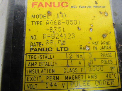 Fanuc A06B-0501-B751 AC Servo Motor 144V 3-Phase 8-Pole 2000 RPM