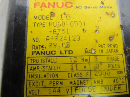 Fanuc A06B-0501-B751 AC Servo Motor 144V 3-Phase 8-Pole 2000 RPM