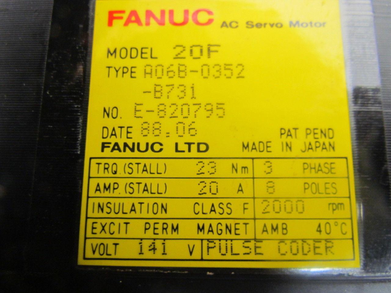 Fanuc A06B-0352-B731 E-820795 AC Servo Motor 141V 3-Phase 8-Pole 2000 RPM