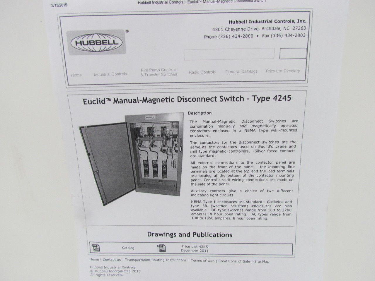 Hubbell B-74971-001 Euclid Manual-Magnetic Disconnect Switch Type 4245 Sz 5 300A