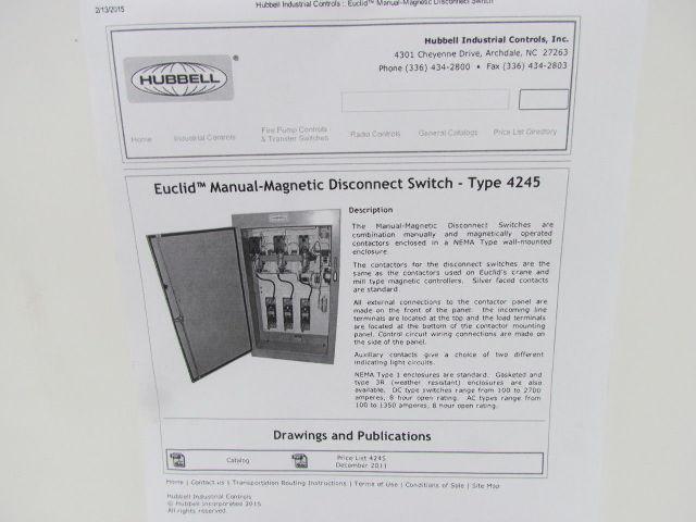 Hubbell B-74971-001 Euclid Manual-Magnetic Disconnect Switch Type 4245 Sz 5 300A