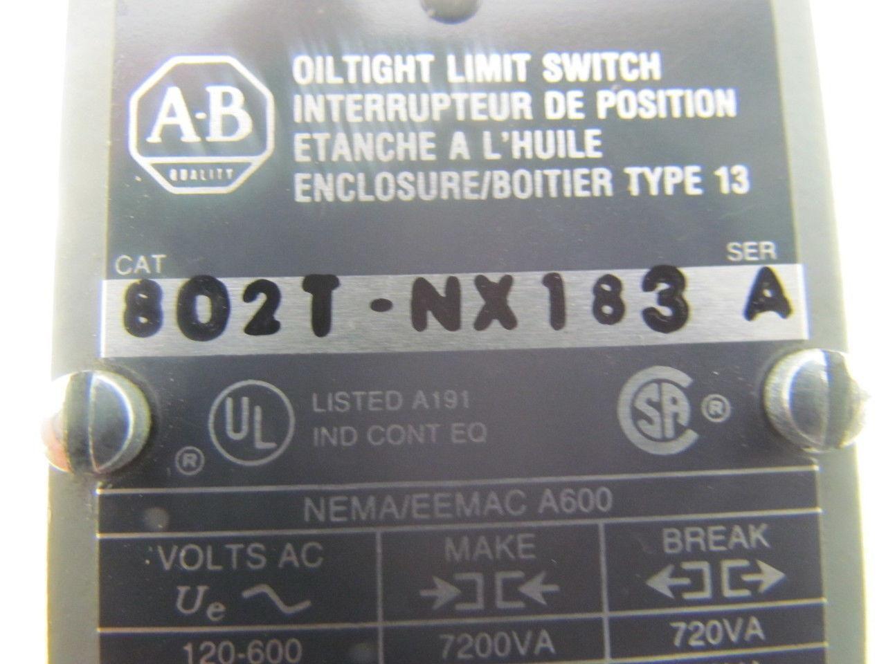Allen-Bradley 802T-NX183 Oil Tight Limit Switch w/6' Cable & 13 Terminal Box