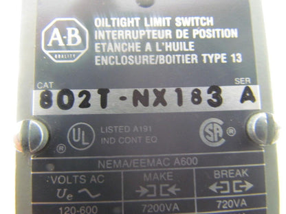 Allen-Bradley 802T-NX183 Oil Tight Limit Switch w/6' Cable & 13 Terminal Box