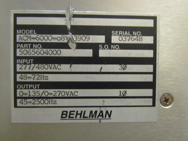 BEHLMAN ACM-6000-08V-3909 Input 277/480VAC 30 48-72Hz Output 0-135/0-270VAC 10