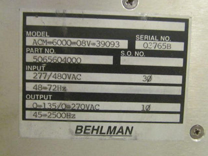 BEHLMAN ACM-6000-08V-39093 Input 277/480VAC 30 48-72Hz Output 0-135/0-270VAC 10