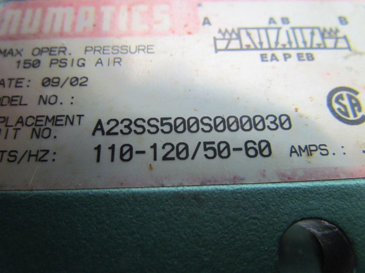 Numatics A23SS500S000030 228-717C Pneumatic Double Solenoid Valve 120V .30A Coil