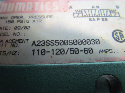Numatics A23SS500S000030 228-717C Pneumatic Double Solenoid Valve 120V .30A Coil