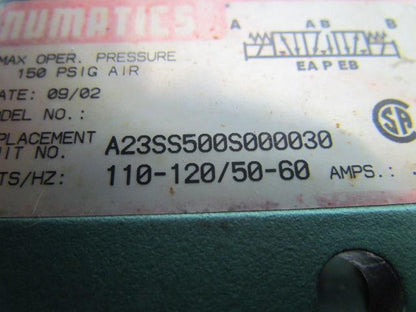 Numatics A23SS500S000030 228-717C Pneumatic Double Solenoid Valve 120V .30A Coil