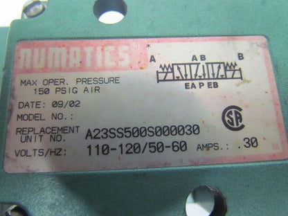 Numatics A23SS500S000030 228-717C Pneumatic Double Solenoid Valve 120V .30A Coil