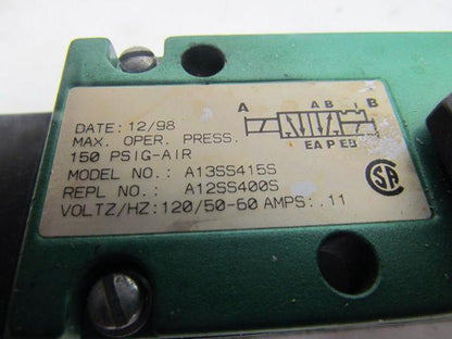 Numatics A12SS400S A13SS415S Pneumatic Double Solenoid Valve 120V .11A Coils