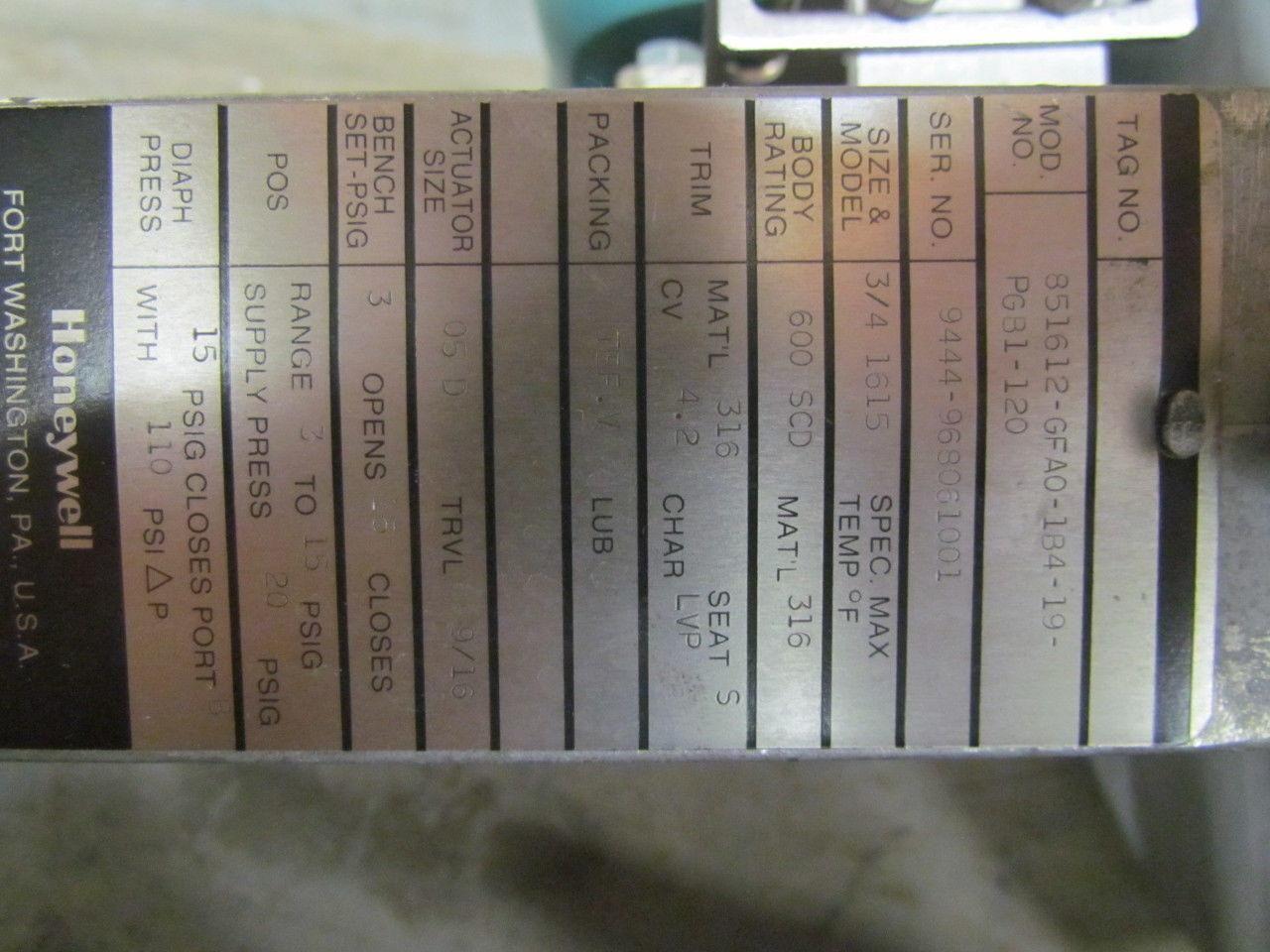 Honeywell 851612-GFA0-1B4-19-P 8"Pneumatic Actuator 3/4" 3Way Valve & Positioner