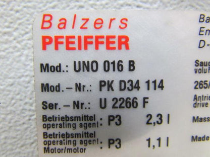 Pfeiffer UNO-016-B Rotary Vane Vacuum Pump .74 HP 265/460V 60 Hz