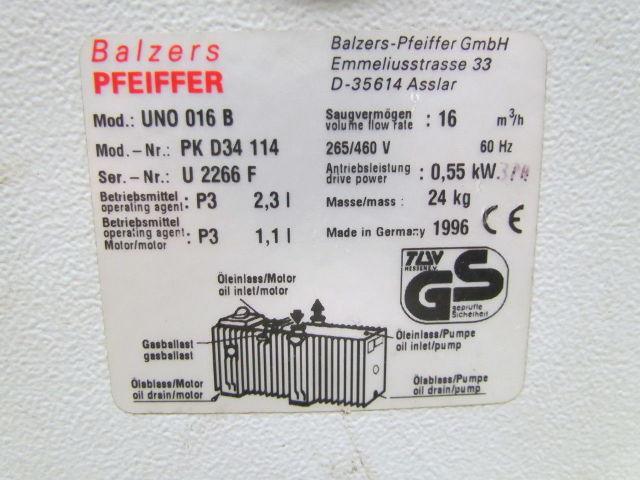 Pfeiffer UNO-016-B Rotary Vane Vacuum Pump .74 HP 265/460V 60 Hz