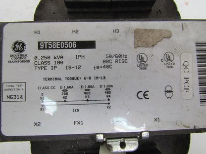General Electric 9T58E0506 Transformer 0.25 KVA 200/400/480V Pri 120V Sec 1PH