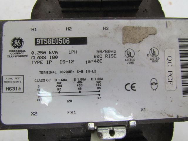General Electric 9T58E0506 Transformer 0.25 KVA 200/400/480V Pri 120V Sec 1PH