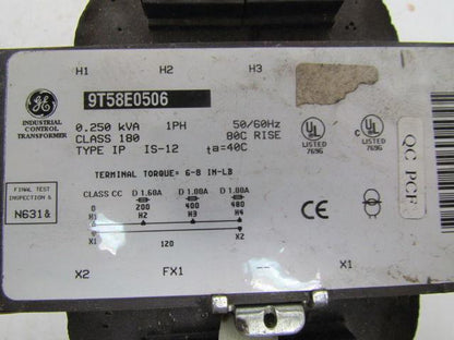 General Electric 9T58E0506 Transformer 0.25 KVA 200/400/480V Pri 120V Sec 1PH
