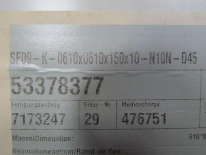 Freudenberg SF09-K-0610X0610X150X10-N10N-D45 24"X24"X6" Fine Dust Filter
