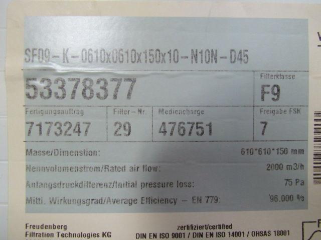 Freudenberg SF09-K-0610X0610X150X10-N10N-D45 24"X24"X6" Fine Dust Filter