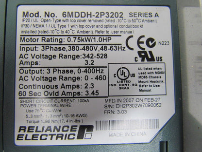 Reliance Electric 6MDDH-2P3202 AC Drive 0.75KW/1Hp 380-480VAC MD65 w/Heatsink