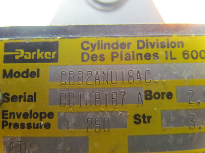 Parker CBB2ANU18AC Pneumatic Air Cylinder 2.50 Bore 3.250 Stroke Heavy Duty