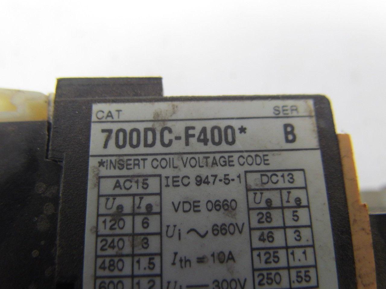 Allen Bradley 700DC-F400 Contactor Relay 600V 10A 24VDC w/196-FTB Delay Timer