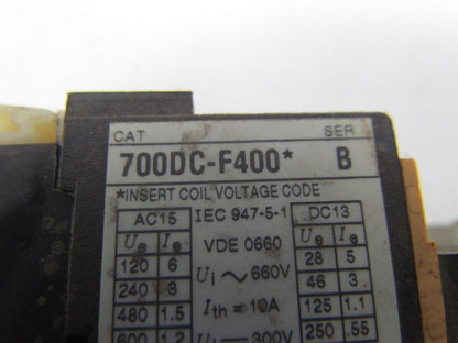 Allen Bradley 700DC-F400 Contactor Relay 600V 10A 24VDC w/196-FTB Delay Timer