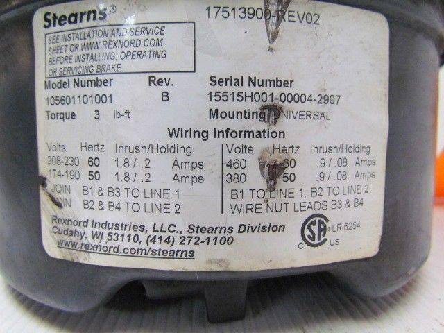 Sterns 105601101001 Rexnord 3lb-ft 208-230/460V Brake