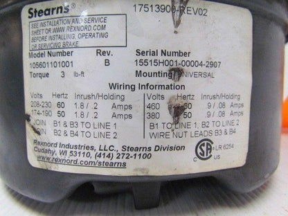 Sterns 105601101001 Rexnord 3lb-ft 208-230/460V Brake