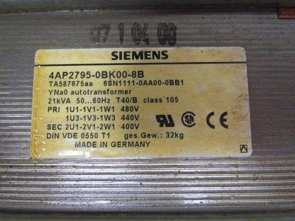 Siemens 4AP2795-0BK00-8B Autotransformer 21KVA 480/440V Pri - 400V Sec