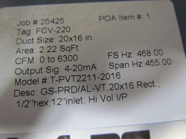 TEK-AIR T-PVT2211-2016 Vortec Air Flow Measurement Transmitter 20"x16" 6300CFM