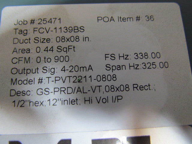 TEK-AIR T-PVT2211-0808 Vortec Air Flow Transmitter Valve 8"x8" 0-900CFM