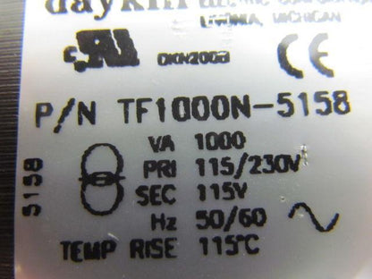 Daykin TF1000N-5158 Transformer 1Kva  Pri 115/230V Sec 115V 50/60Hz
