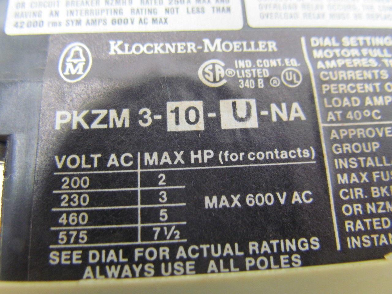 Klockner-Moeller PKZ3-10-U-NA 600 Volt Max.Contactor.