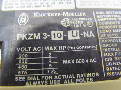 Klockner-Moeller PKZ3-10-U-NA 600 Volt Max.Contactor.