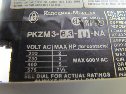 Klockner-Moeller PKZM3-6,3-U-NA 600 Volt Max Contactor
