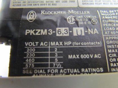 Klockner-Moeller PKZM3-6,3-U-NA 600 Volt Max Contactor