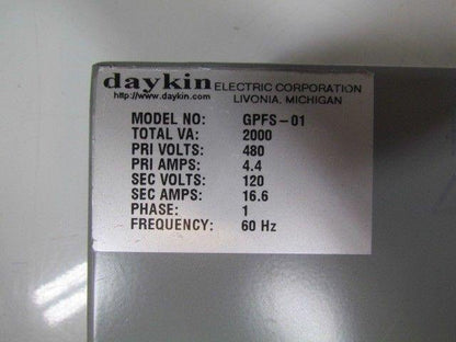Daykin GPFS-01 Enclosed Transformer Disconnect 2000VA 480V Pri 120V Sec 1PH