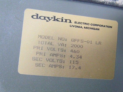 Daykin GPFS-01 LR Enclosed Transformer Disconnect 2000VA 460V Pri 115V Sec 1PH