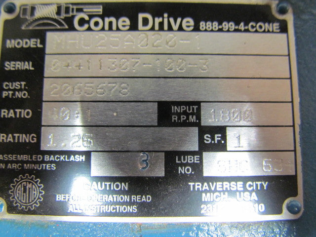 Cone Drive MHU25A020-1 Mod Hu 2.5" CD Speed Reducer Gearbox 1.26HP 40:1 Ratio