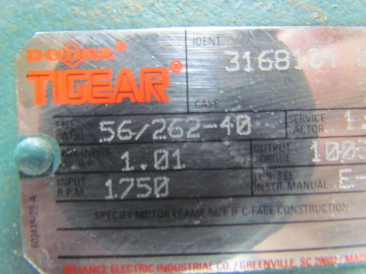 Dodge Tigear 56/262-40 3168104 40-1 Gear Reducer 1HP w/bell and mounting base